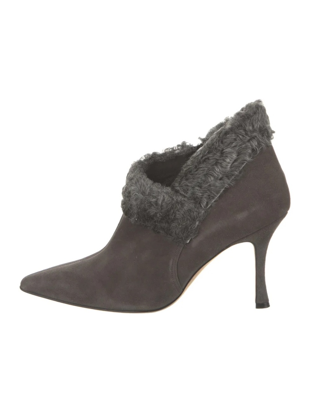 Manolo Blahnik Gray Suede Pointed-Toe Faux Fur Ankle Boot